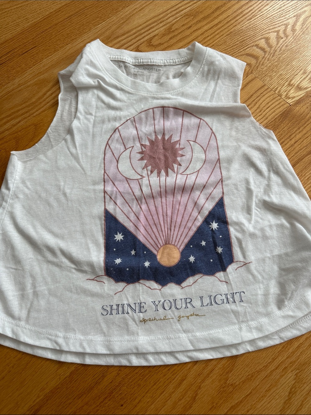 Spiritual Gangster White Graphic Muscle Tank with Pink, Navy & Gold Art